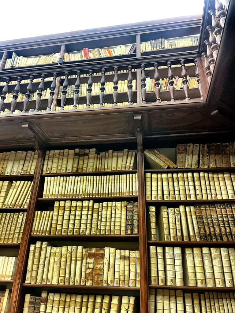 Antica biblioteca con volumi rilegati in pergamena